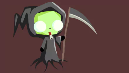 4K Ultra HD PC desktop wallpaper featuring Gir from the TV show Invader Zim dressed as the Grim Reaper with glowing eyes and holding a scythe.