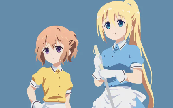 Kaho Hinata (short brown hair, yellow maid outfit) and Mafuyu Hoshikawa (blonde, blue maid outfit holding a mop) from Blend S on a flat blue 4K Ultra HD PC desktop wallpaper.