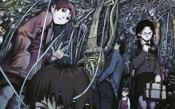 HD PC desktop wallpaper featuring Lain Iwakura and other characters from the anime Serial Experiments Lain, set against a complex background of cables and circuitry.