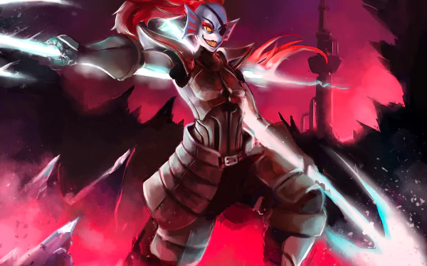 Undyne from Undertale, wearing an eye patch and armored, stands ready for battle in a dynamic 4K Ultra HD video game wallpaper background.