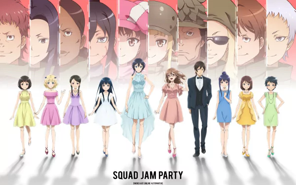 HD desktop wallpaper featuring characters from Sword Art Online Alternative: Gun Gale Online, including LLENN, Pitohui, Karen Kohiruimaki, and others, dressed formally for the Squad Jam Party.