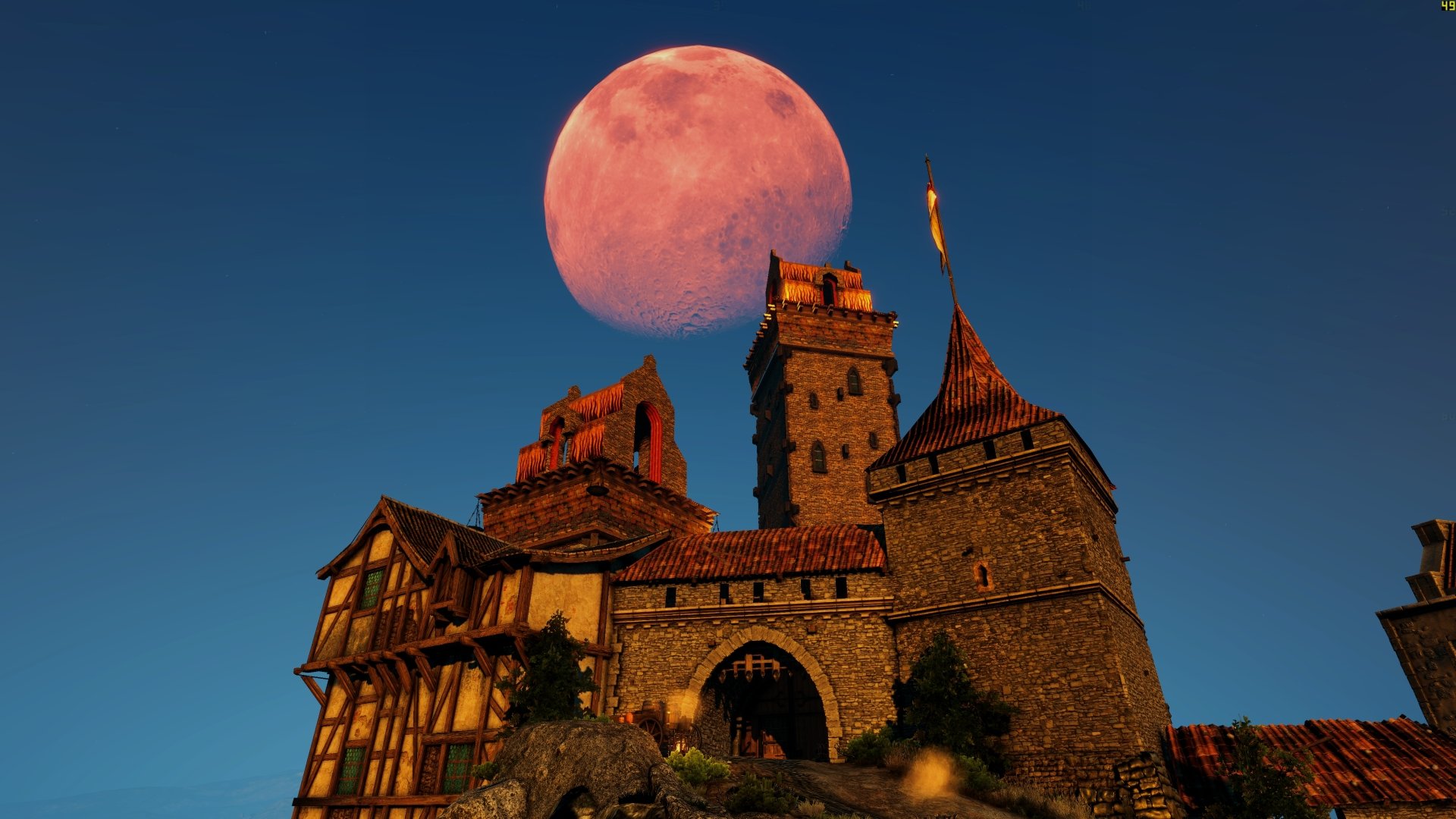 4K Ultra HD desktop wallpaper of a medieval castle under a large red moon from the video game The Witcher 3: Wild Hunt.