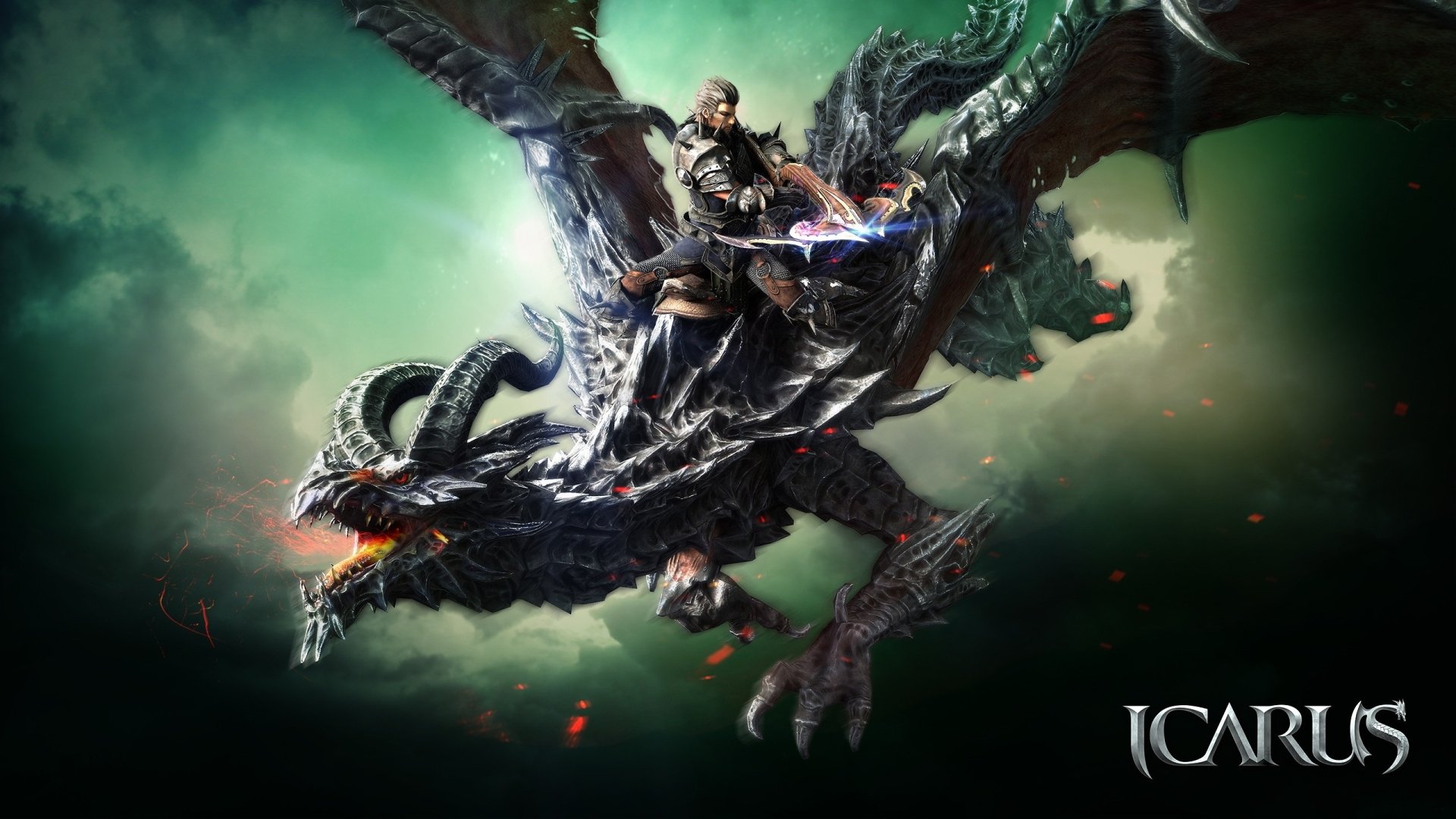 Riders of Icarus video game 2K Quad HD PC desktop wallpaper/background: armored rider on a black, winged dragon soaring through a smoky green sky, sparks and embers trailing.