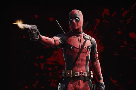 HD PC desktop wallpaper featuring Deadpool from the movie Deadpool 2, showing him in his red suit firing a gun against a dark, blood-splattered background.