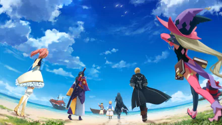 4K Ultra HD desktop wallpaper featuring Eizen, Magilou, and Velvet Crowe from the video game Tales of Berseria walking towards a ship under a bright blue sky.