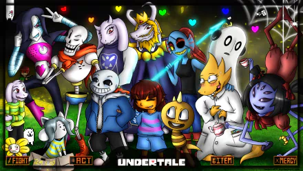 HD PC desktop wallpaper featuring colorful characters from the video game Undertale, set against a vibrant, dynamic background with glowing heart icons.