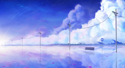 Anime-style HD desktop wallpaper featuring a serene, cloud-filled landscape with reflections on water, a single bench, and string lights.