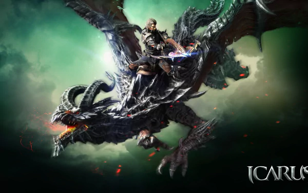Riders of Icarus video game 2K Quad HD PC desktop wallpaper/background: armored rider on a black, winged dragon soaring through a smoky green sky, sparks and embers trailing.