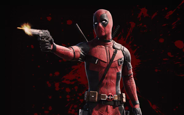HD PC desktop wallpaper featuring Deadpool from the movie Deadpool 2, showing him in his red suit firing a gun against a dark, blood-splattered background.