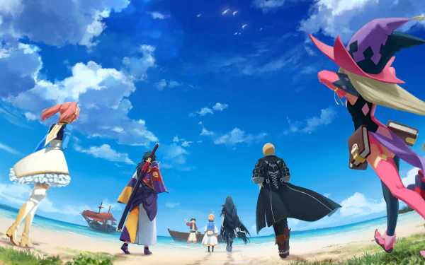 4K Ultra HD desktop wallpaper featuring Eizen, Magilou, and Velvet Crowe from the video game Tales of Berseria walking towards a ship under a bright blue sky.