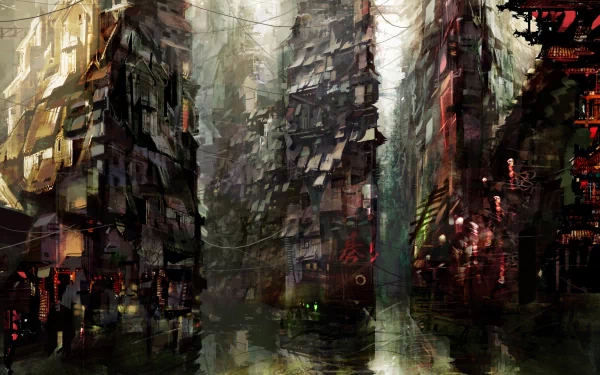 An HD fantasy anime city wallpaper showcasing towering, intricately detailed buildings under a mystical, foggy atmosphere.