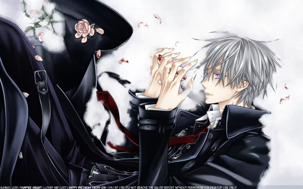 HD anime desktop wallpaper featuring Zero Kiryu from Vampire Knight, depicted with silver hair and a dark outfit against a soft, floral background.