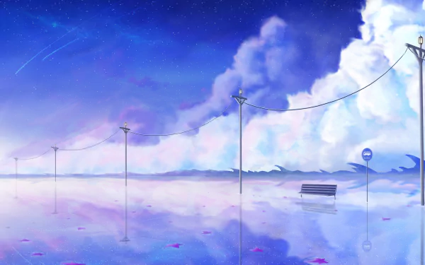 Anime-style HD desktop wallpaper featuring a serene, cloud-filled landscape with reflections on water, a single bench, and string lights.