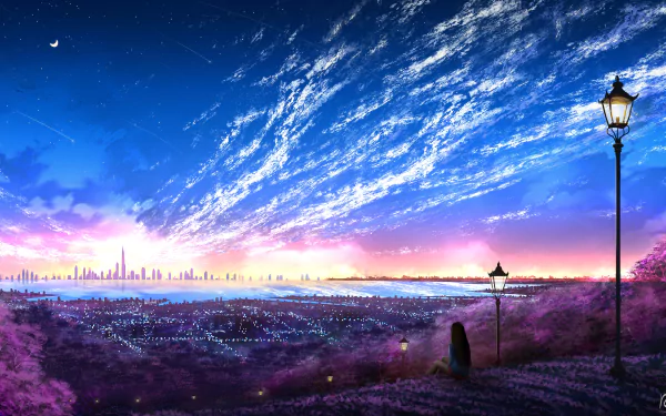 HD anime-style wallpaper featuring a vibrant city skyline under a star-streaked sky, with a glowing lamppost and silhouette of a person observing the scene.