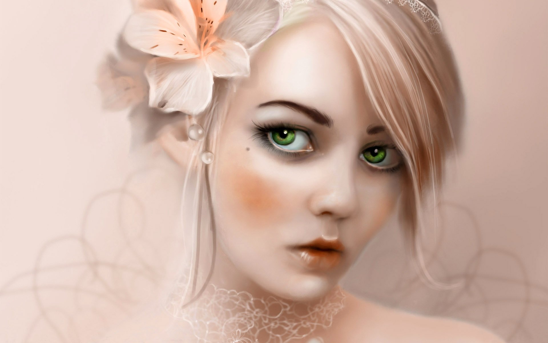 HD fantasy artwork of a woman with green eyes and soft blonde hair adorned with a large flower, designed as a desktop wallpaper and background.