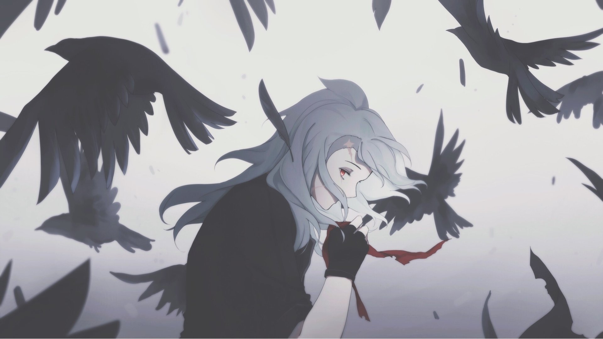 HD anime wallpaper featuring Mikhail from Sirius the Jaeger, surrounded by black birds against a muted background, capturing a dark and mysterious atmosphere.