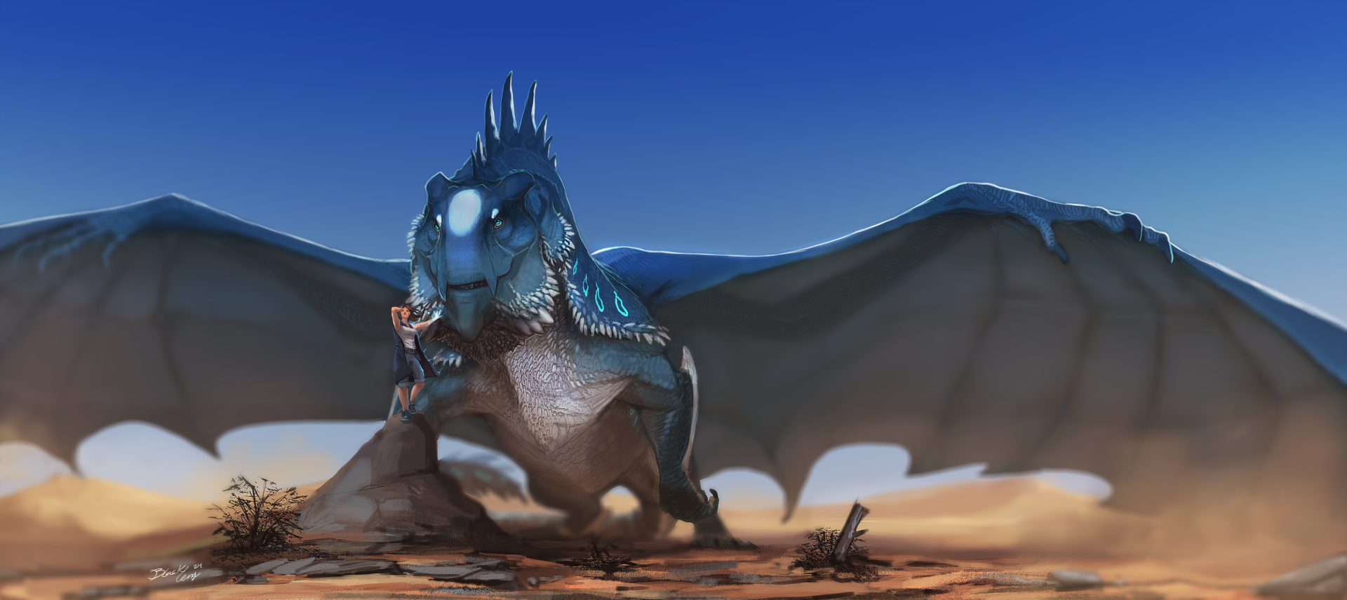 Epic fantasy dragon with outstretched wings and a small rider on its snout above a desert plain — 2K Quad HD PC desktop wallpaper and background.