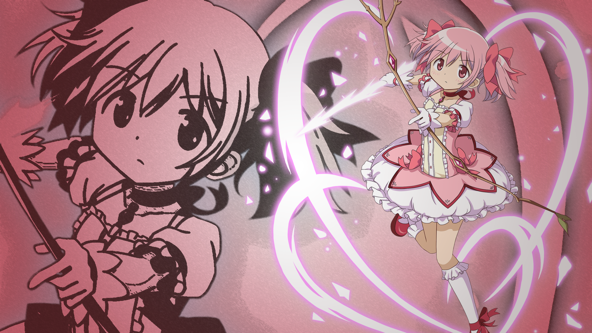 HD PC desktop wallpaper featuring Madoka Kaname from the anime Puella Magi Madoka Magica, showing her in a magical girl outfit with glowing effects.