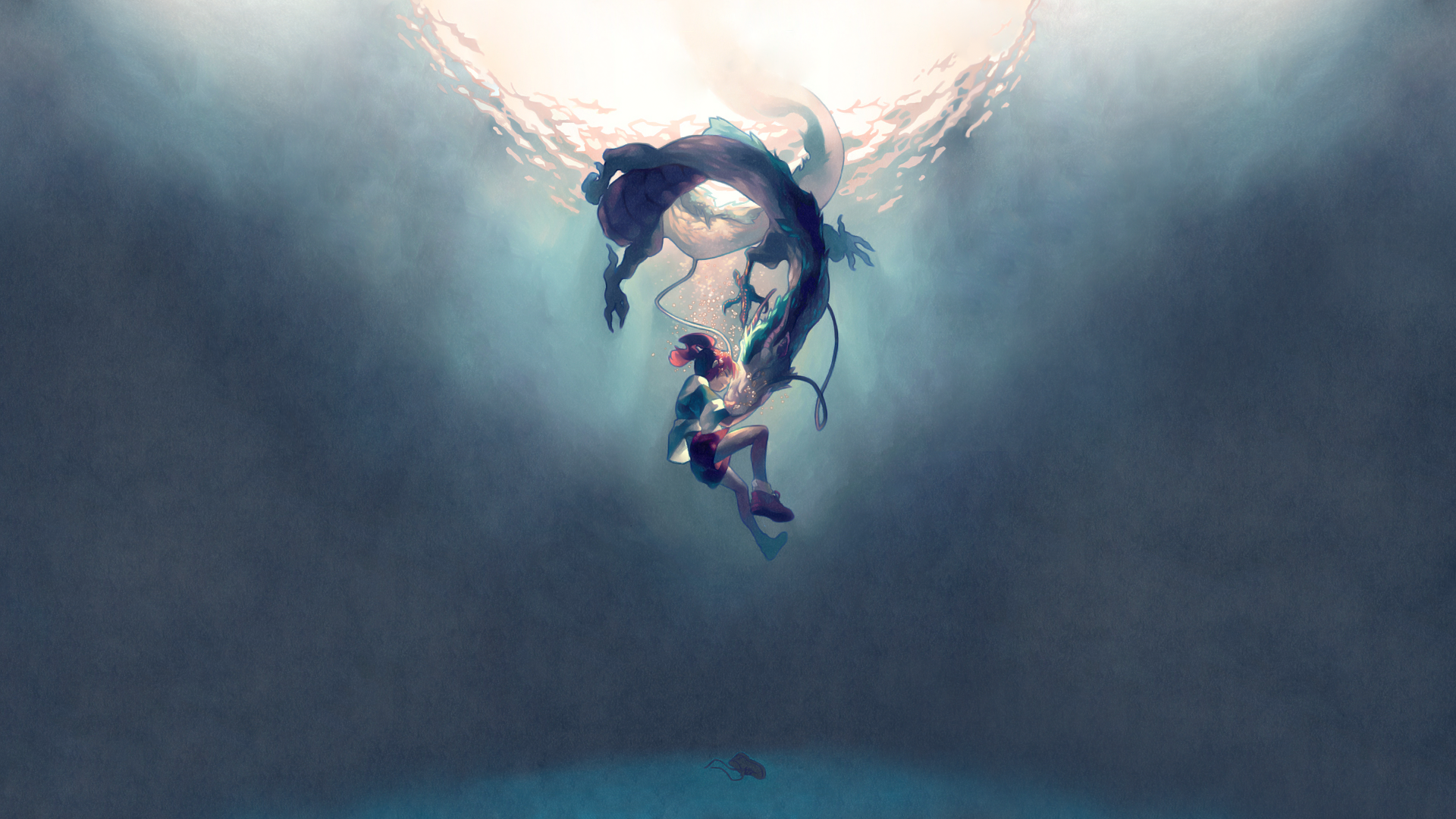 HD PC desktop wallpaper/background — Spirited Away anime scene: a girl reaches toward a coiling dragon beneath shimmering surface light, drifting in deep, dreamy blue water.
