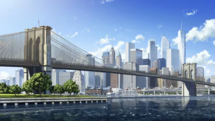 Anime HD PC desktop wallpaper from Eden of the East: sunlit suspension bridge spanning water with boats, riverside greenery and a modern skyline under blue skies.
