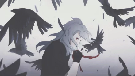 HD anime wallpaper featuring Mikhail from Sirius the Jaeger, surrounded by black birds against a muted background, capturing a dark and mysterious atmosphere.