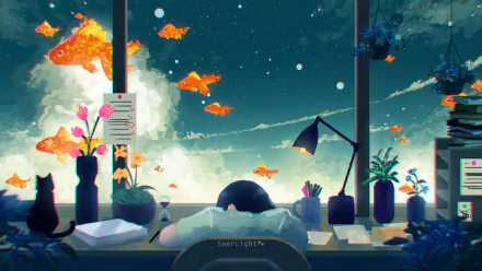 Artistic dreamscape in 4K Ultra HD showing a cozy desk by a window with floating goldfish swimming through a starry night sky, blending imagination and tranquility.