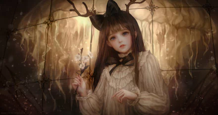 Anime-style girl with long brown hair, brown eyes, a bow, and horns, holding delicate flowers against a softly lit, ethereal background featuring jellyfish shapes.
