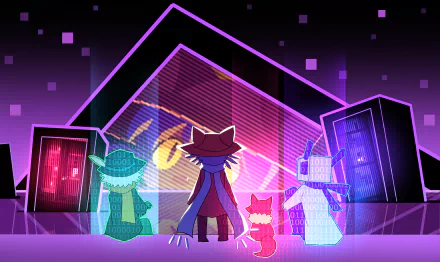 HD wallpaper featuring characters from the game OneShot set against a colorful, geometric background with a vibrant neon aesthetic.