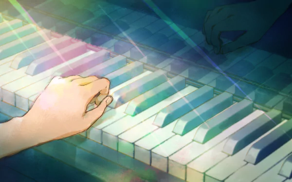Anime-style HD PC desktop wallpaper from Your Lie in April, featuring a close-up of hands playing piano keys bathed in soft, colorful light.