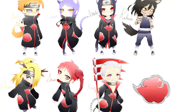 Chibi-style HD Naruto desktop wallpaper featuring Akatsuki members Hidan, Sasori, Deidara, Kakuzu, Itachi, Konan, Yahiko, and Pain with the red cloud symbol.
