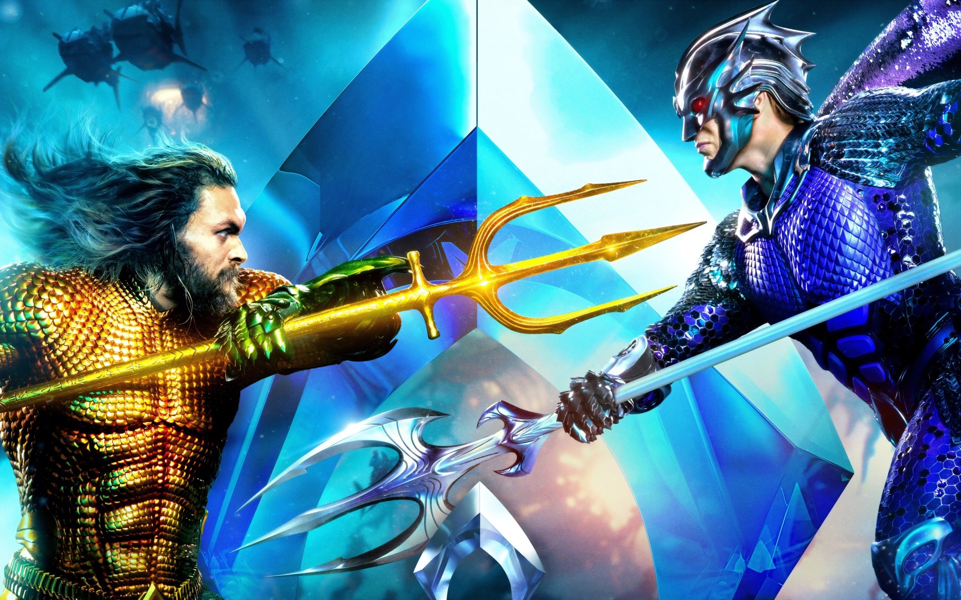 8K Ultra HD Aquaman movie wallpaper featuring Patrick Wilson and Jason Momoa in an intense underwater battle, set against a vibrant, dynamic background.