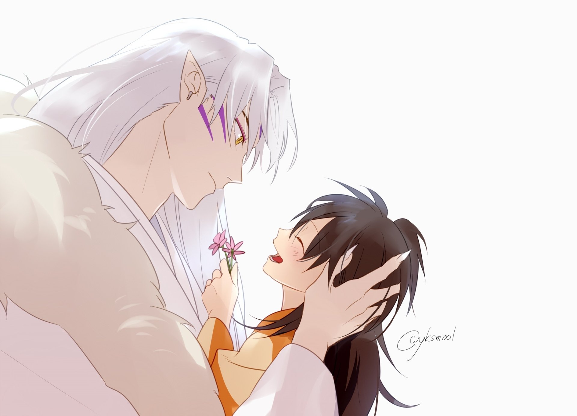 HD PC desktop wallpaper/background — anime InuYasha artwork of Sesshōmaru (InuYasha) tenderly holding Rin (InuYasha) as she smiles, offering a small flower.