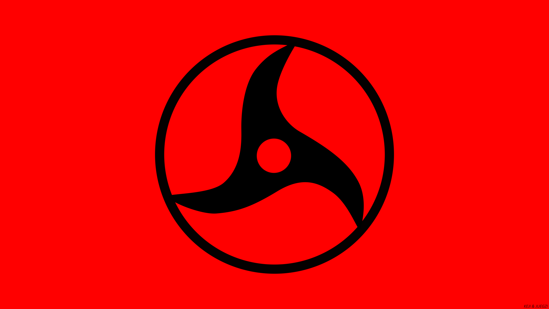 Minimalist 8K Ultra HD Naruto anime wallpaper featuring the black Mangekyō Sharingan symbol on a vivid red background.