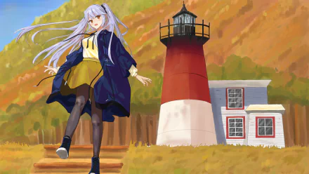 Essex (Azur Lane) anime wallpaper: silver‑haired Essex in a navy coat and yellow dress stands by a red-and-white lighthouse and cottage against autumn cliffs. HD PC background.