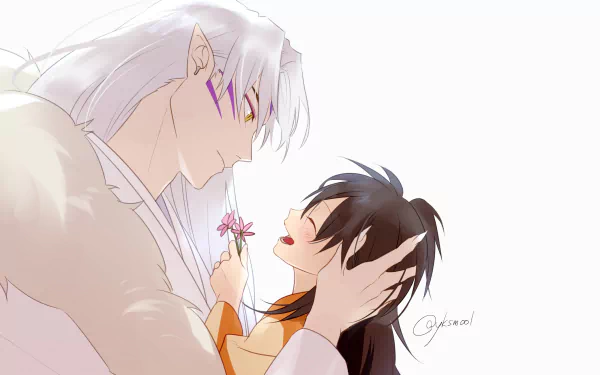 HD PC desktop wallpaper/background — anime InuYasha artwork of Sesshōmaru (InuYasha) tenderly holding Rin (InuYasha) as she smiles, offering a small flower.