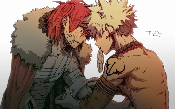 HD PC desktop wallpaper featuring Eijiro Kirishima and Katsuki Bakugou from the anime My Hero Academia in an intense, close-up moment.