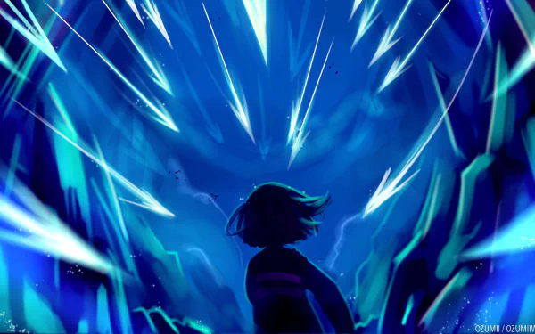 HD desktop wallpaper featuring Frisk from the video game Undertale, depicted in a vibrant, blue-toned scene with dynamic light streaks evoking energy and movement.