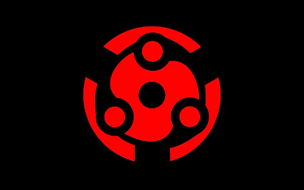 Minimalist 8K Ultra HD anime wallpaper featuring the red Mangekyō Sharingan from Naruto, showcasing bold, clean lines and iconic circular design elements.