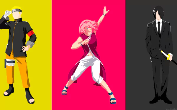 Minimalist 8K anime wallpaper: Naruto Uzumaki (blonde), Sakura Haruno (short pink hair, dynamic pose), and Sasuke Uchiha (black hair, suit and tie, holding a sword).
