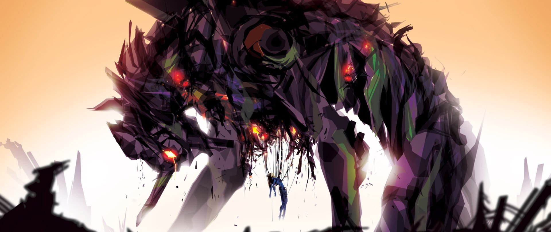 HD anime desktop wallpaper featuring Evangelion Unit-01 from Neon Genesis Evangelion, depicted in a dynamic, dark, and abstract style.