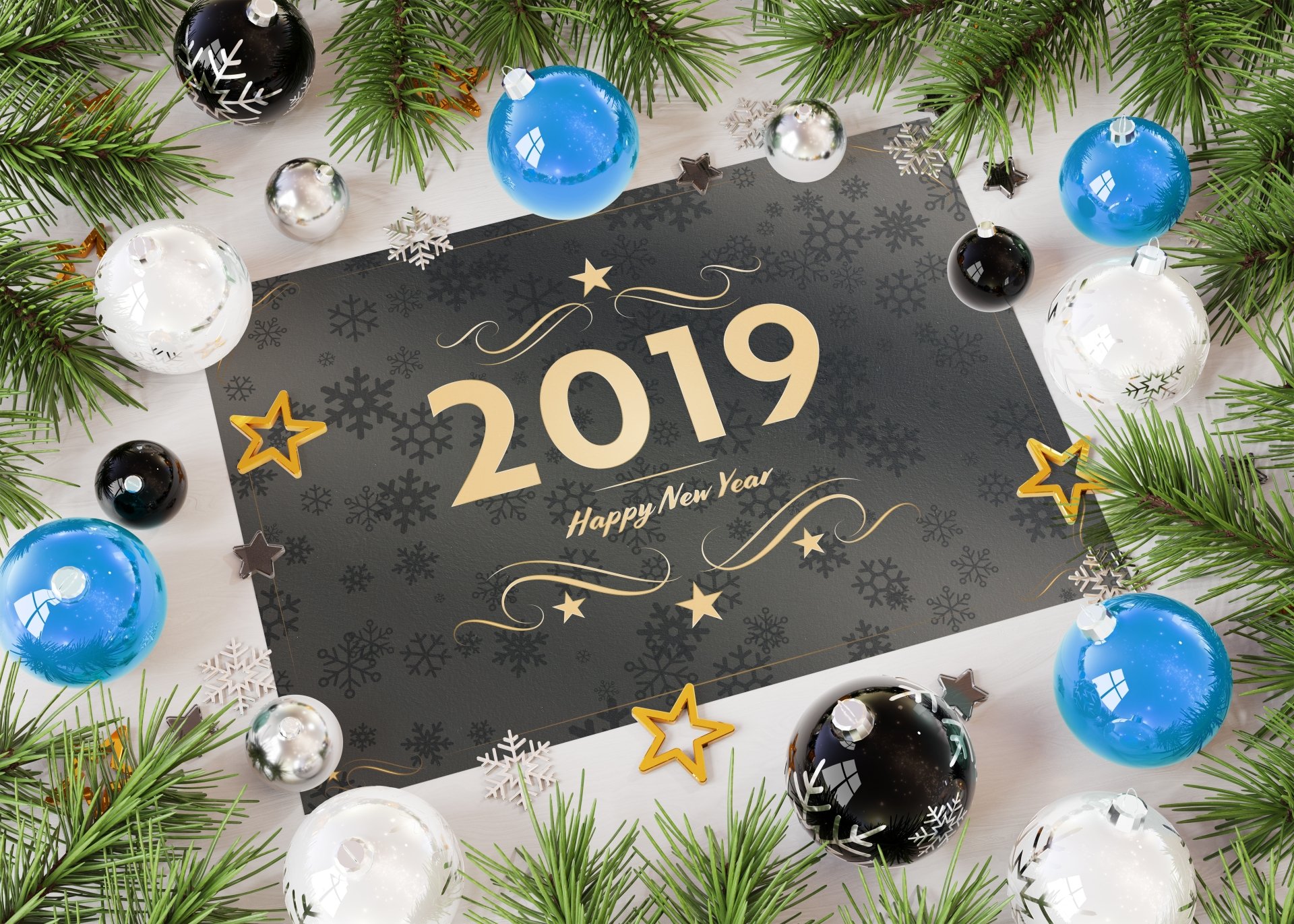 Holiday New Year 2019 5K Ultra HD PC desktop wallpaper: black card reading 2019 Happy New Year framed by pine branches, blue, black and silver baubles and gold star accents.