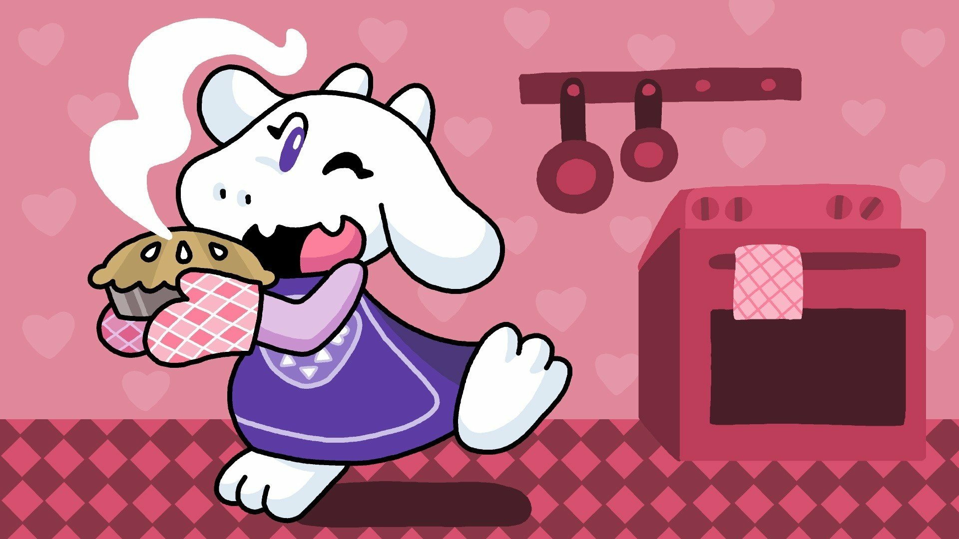 HD PC desktop wallpaper featuring Toriel from the video game Undertale, happily holding a freshly baked pie in a cozy pink kitchen setting.