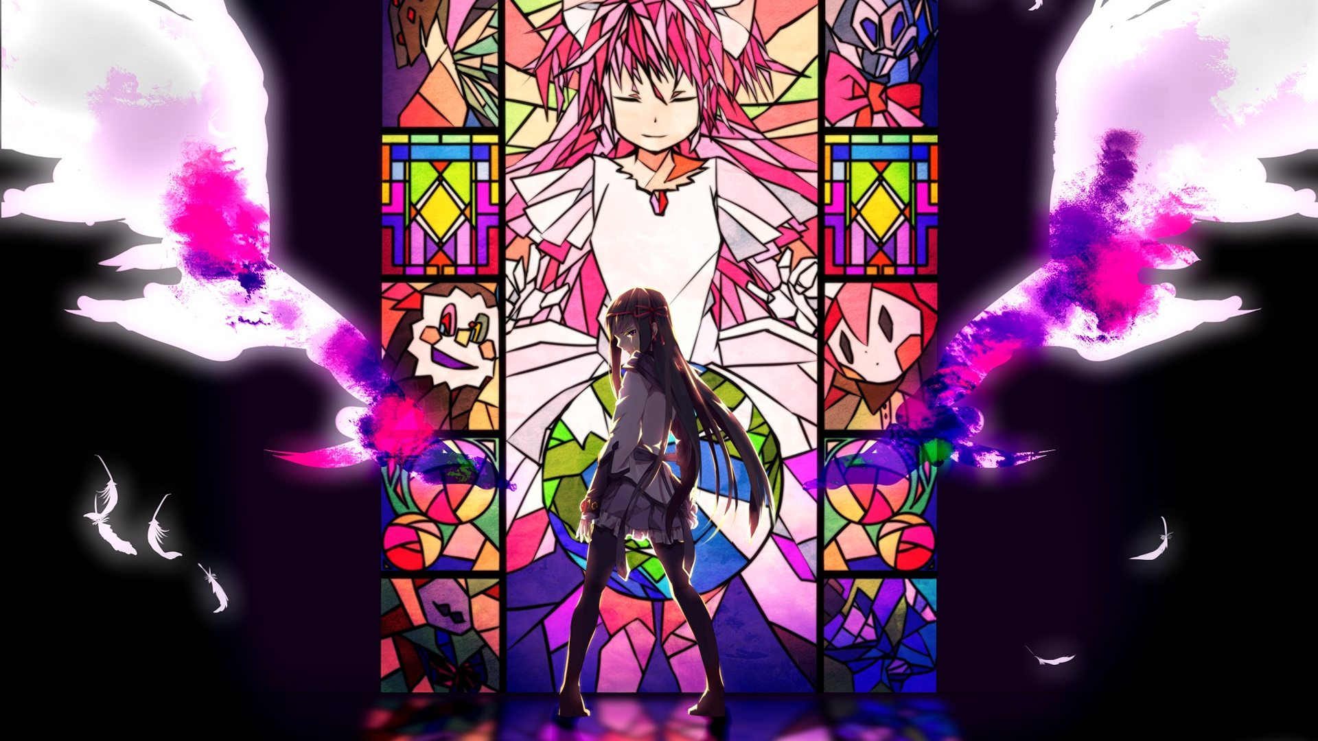 HD PC desktop wallpaper featuring Homura Akemi standing before a stained glass window depicting Ultimate Madoka and Charlotte from the anime Puella Magi Madoka Magica.