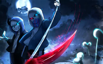 HD desktop wallpaper of Sans from Undertale, a popular video game. The image features two Sans with glowing eyes and a large weapon, set against a dark, moonlit background.