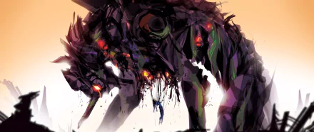 HD anime desktop wallpaper featuring Evangelion Unit-01 from Neon Genesis Evangelion, depicted in a dynamic, dark, and abstract style.
