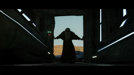 HD PC desktop wallpaper: Kit Fisto silhouetted in a starship doorway, arms spread, desert horizon — Star Wars sci‑fi background.
