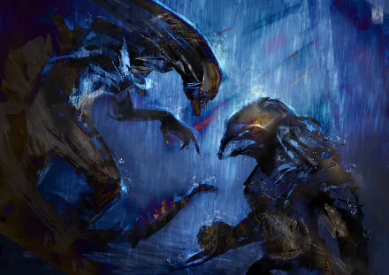 2K Quad HD PC wallpaper and background: Predator and Alien clash in a rain-soaked, blue-lit Sci‑Fi scene — Alien vs. Predator duel with glowing eyes and bio‑mechanical details.