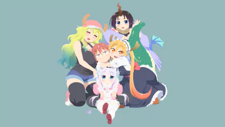 4K Ultra HD anime wallpaper featuring Elma, Quetzalcoatl, Kobayashi, Tohru, and Kanna Kamui from Miss Kobayashi's Dragon Maid in a group pose.