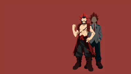 Eijiro Kirishima from My Hero Academia — 2K Quad HD PC desktop wallpaper: bold anime hero pose with his school-uniform silhouette behind on a flat deep-red background.