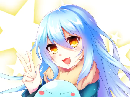 HD wallpaper featuring Rimuru Tempest from That Time I Got Reincarnated as a Slime, showing a cheerful expression with a peace sign.